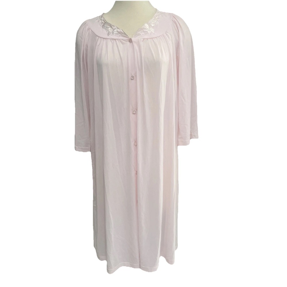 Miss Elaine Silk Button down Robe/Nightgown Size Med Vintage Pink Embroidery